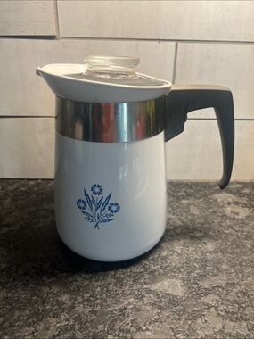 4 Cup Stovetop White Cornflower Blue Coffee Percolator  Good condition